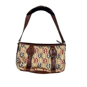 Vintage Etienne Aigner Canvas Monogram Logo Shoulder Bag Baguette Tan Leather